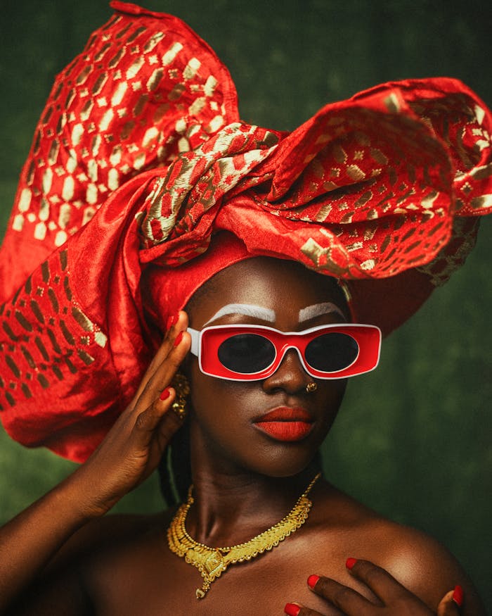 Captivating portrait of a woman with a bold red headwrap and sunglasses, exuding confidence and style.